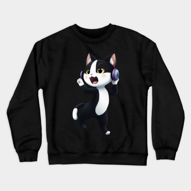 Cute Tuxedo Cat with Headphones Crewneck Sweatshirt by Rishirt